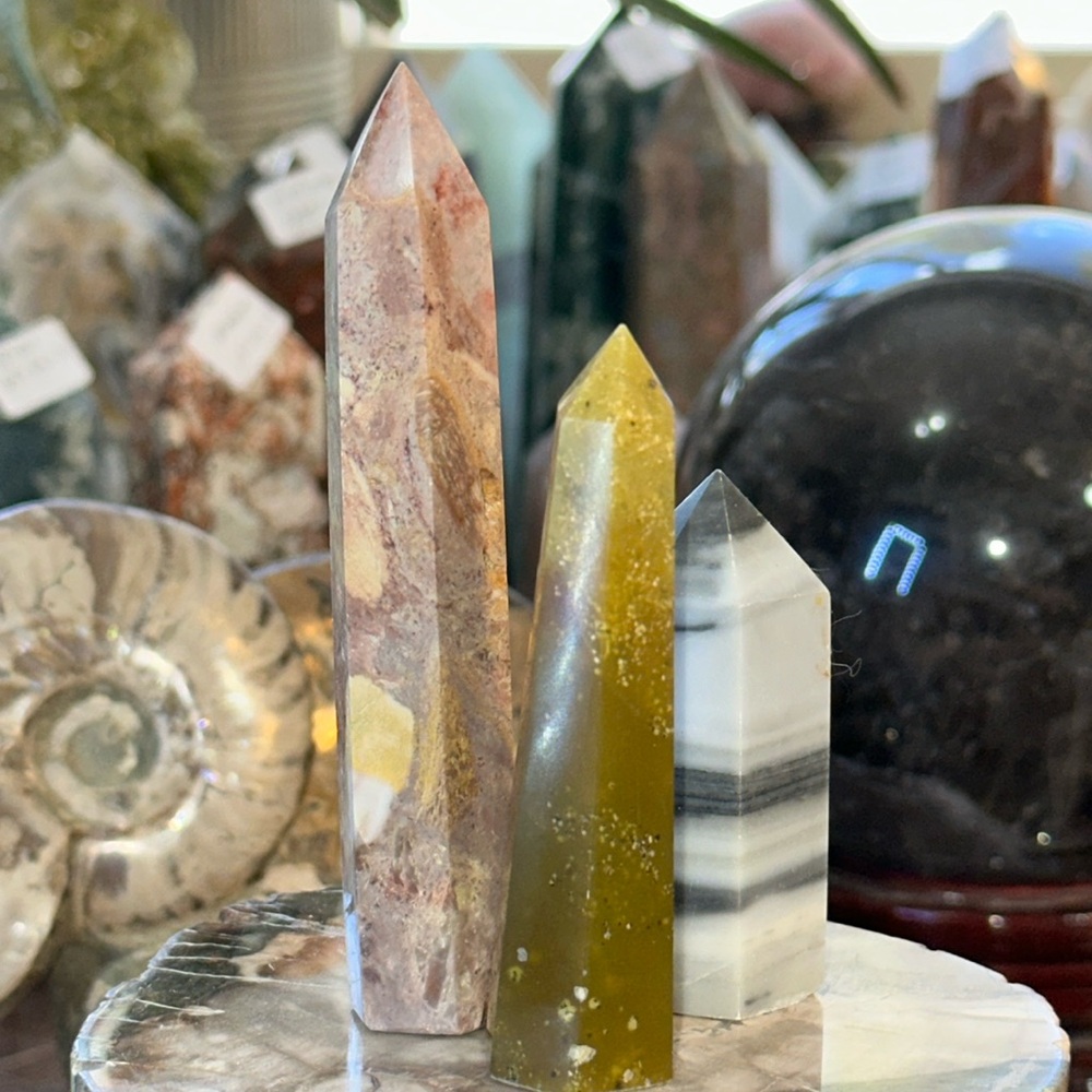 Wood Fossil, Green Opal and Tai Chi Crystal Points!